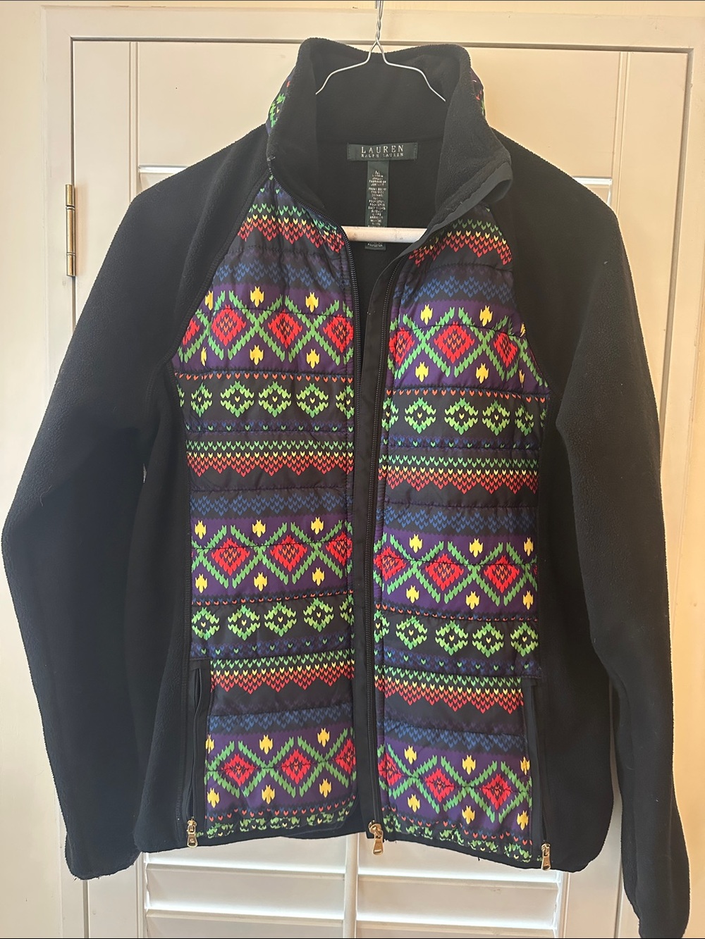 Lauren Ralph Lauren Black Teddy Jacket with Multicolor Geometric Front